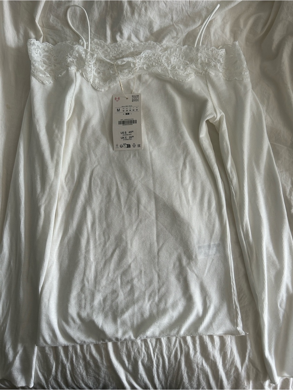 Zara White Ribbed Lace-Trim Off-Shoulder Top